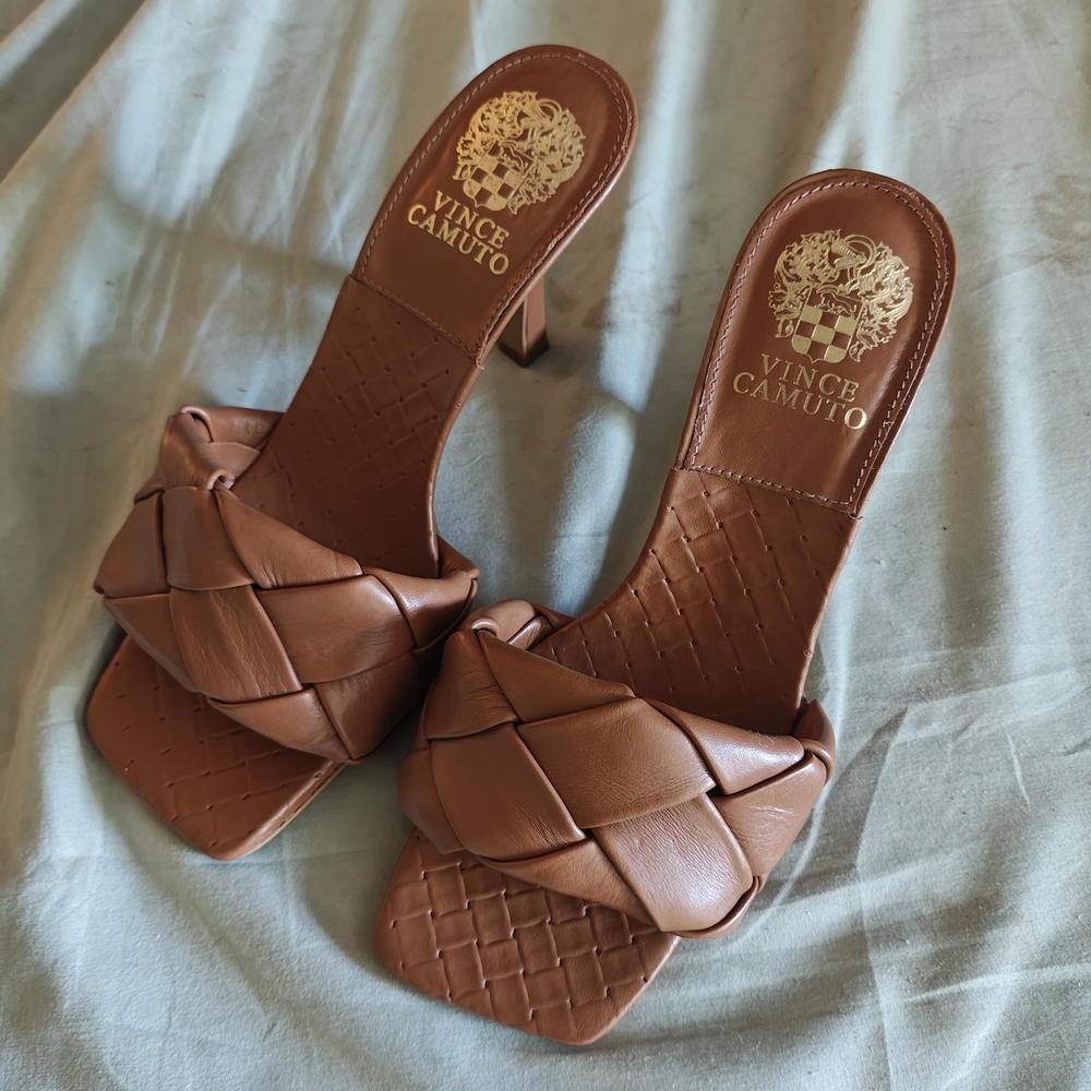 Vince Camuto Brown Braided Leather Slide Heels